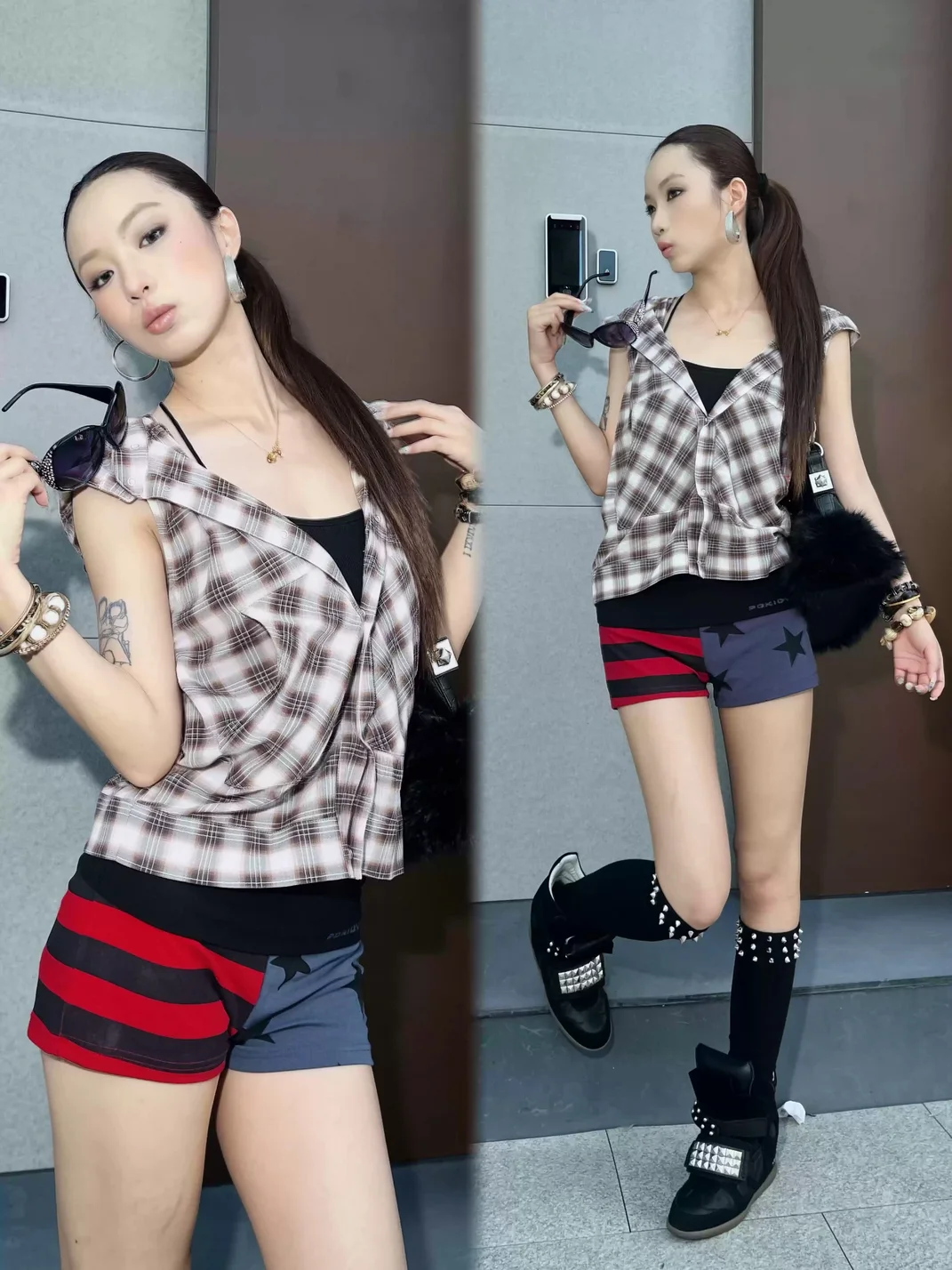 HAS2SONS | Detachable Star Patch Plaid Hooded Vest