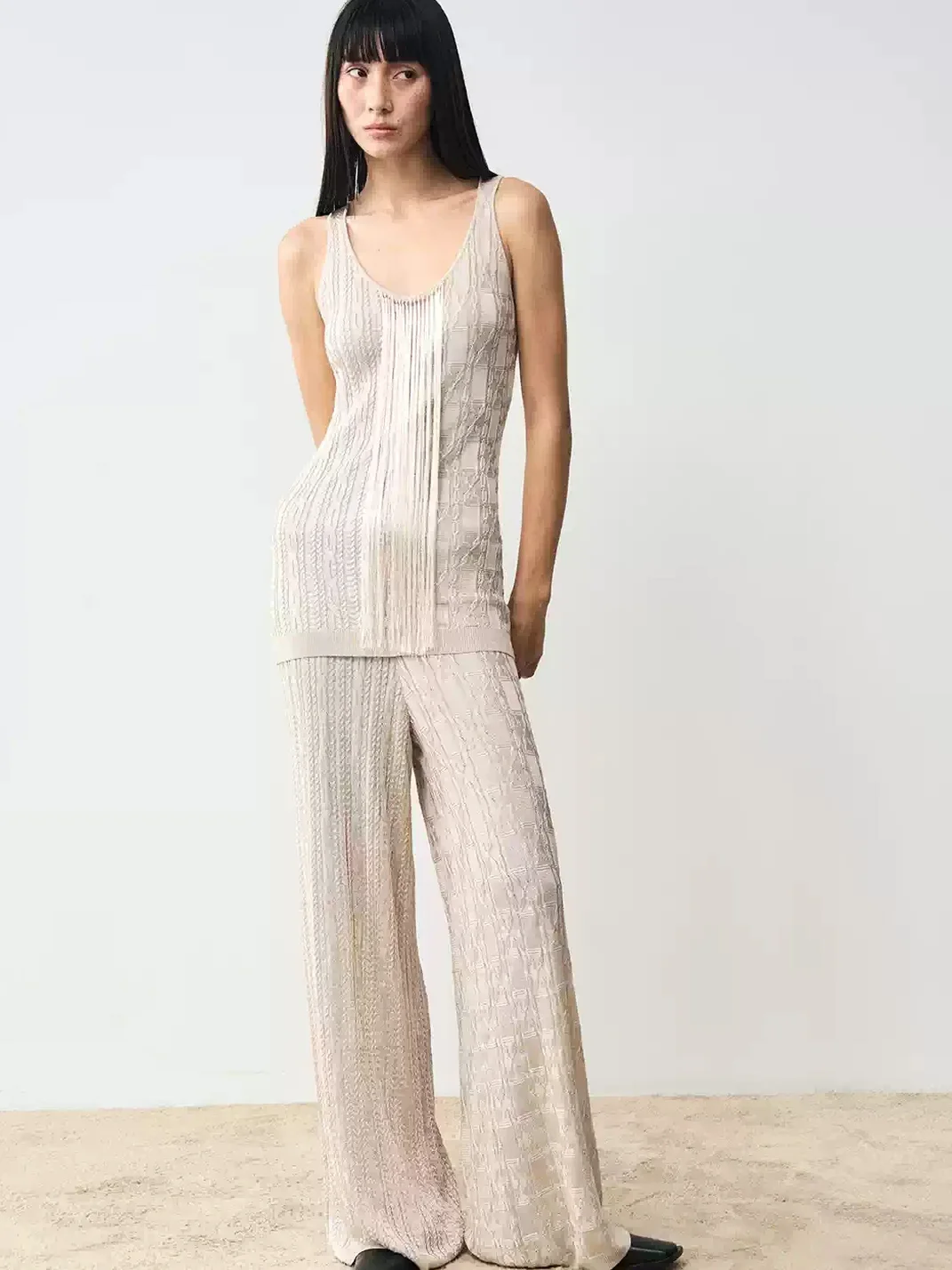 Popoop | Fringe Cable Knit Tank Wide-Leg Pants Set