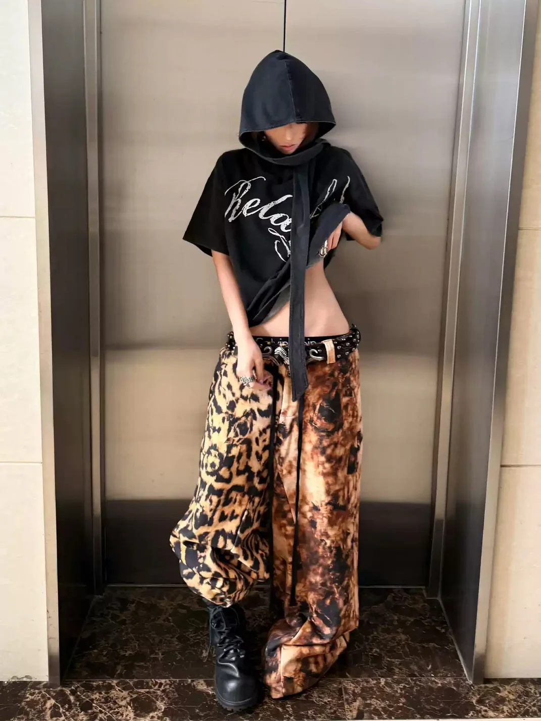 DARKRTPTS | Distressed Leopard Print Drawstring Wide Leg Sweatpants