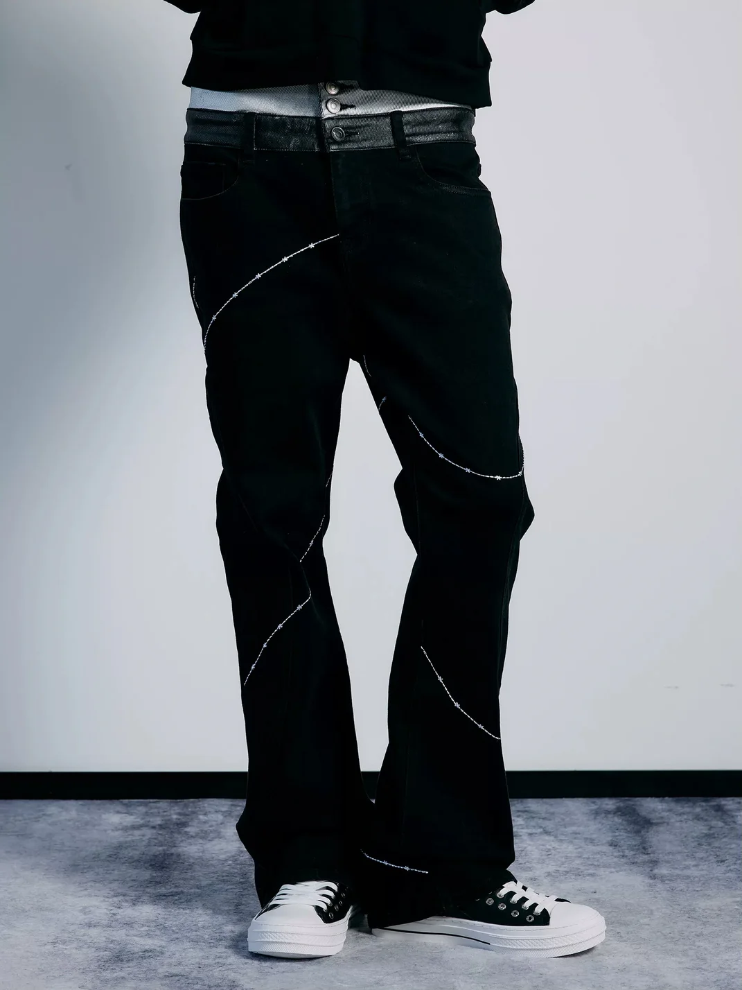 PAIKI | Double Waist Cross Stitch Flared Jeans