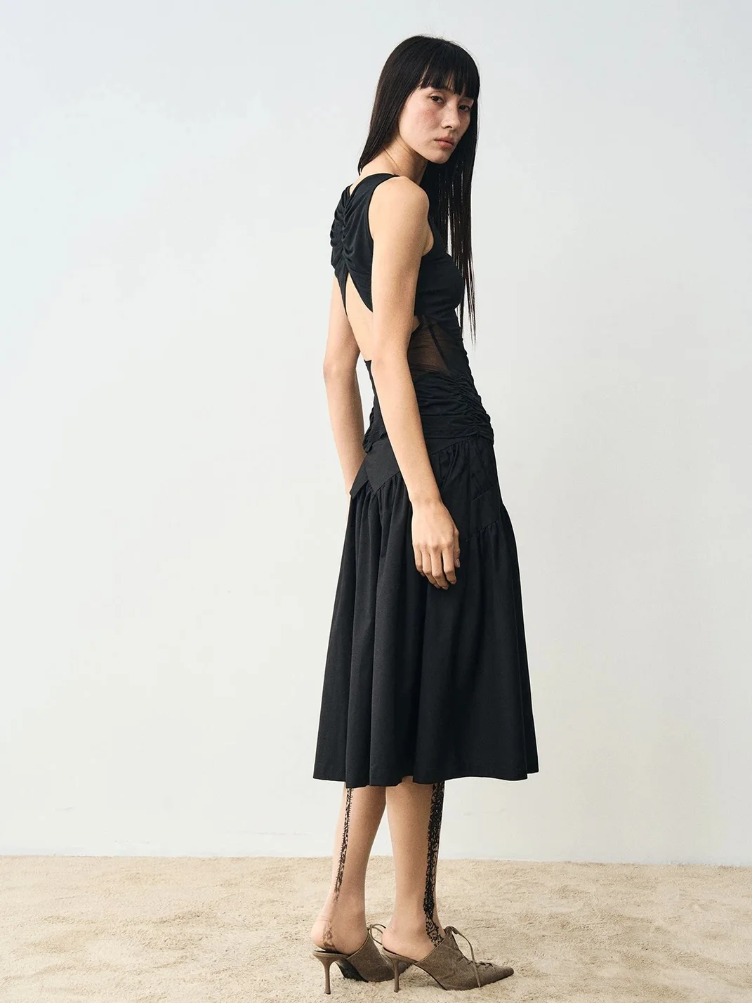 Popoop | Ruched Mesh Panel Backless Sleeveless Top