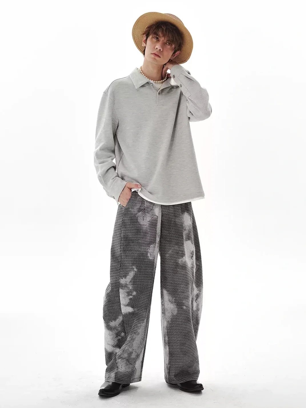 PasET | Plaid Curved Wide-Leg Casual Pants