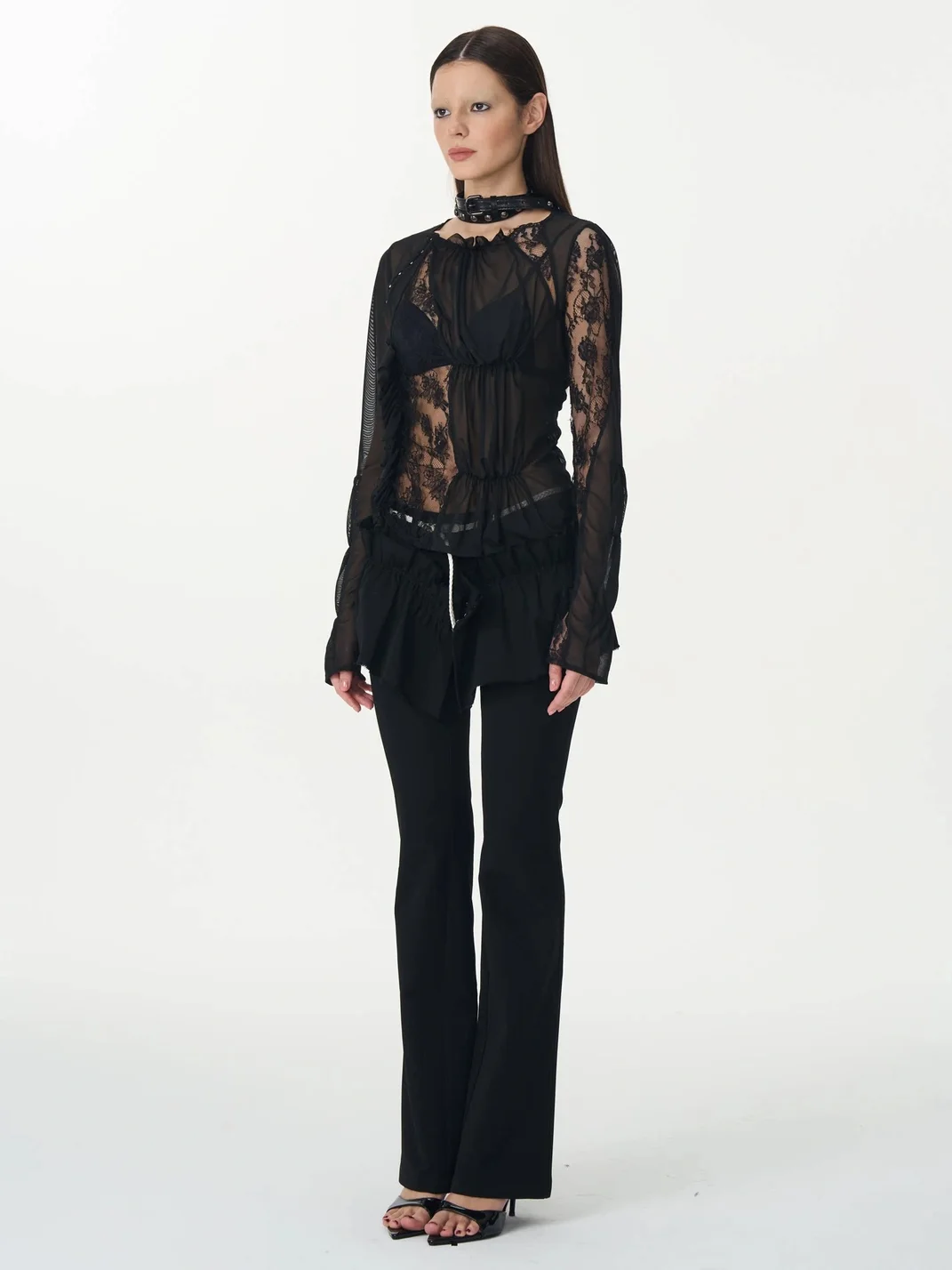 Popoop | Black Ruched Lace Mesh Long Sleeve Top