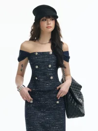 SereneEase | Off-Shoulder Double-Breasted Tweed Skirt Set