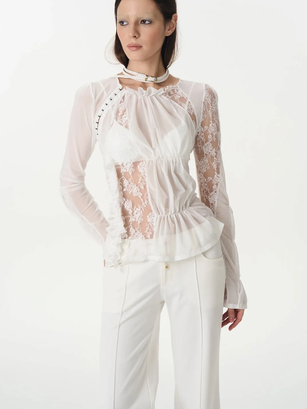 Popoop | Lace Mesh Ruched Hook Top