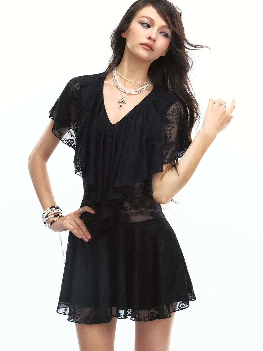SereneEase | Sheer Lace Deep V-Neck Fitted Mini Dress