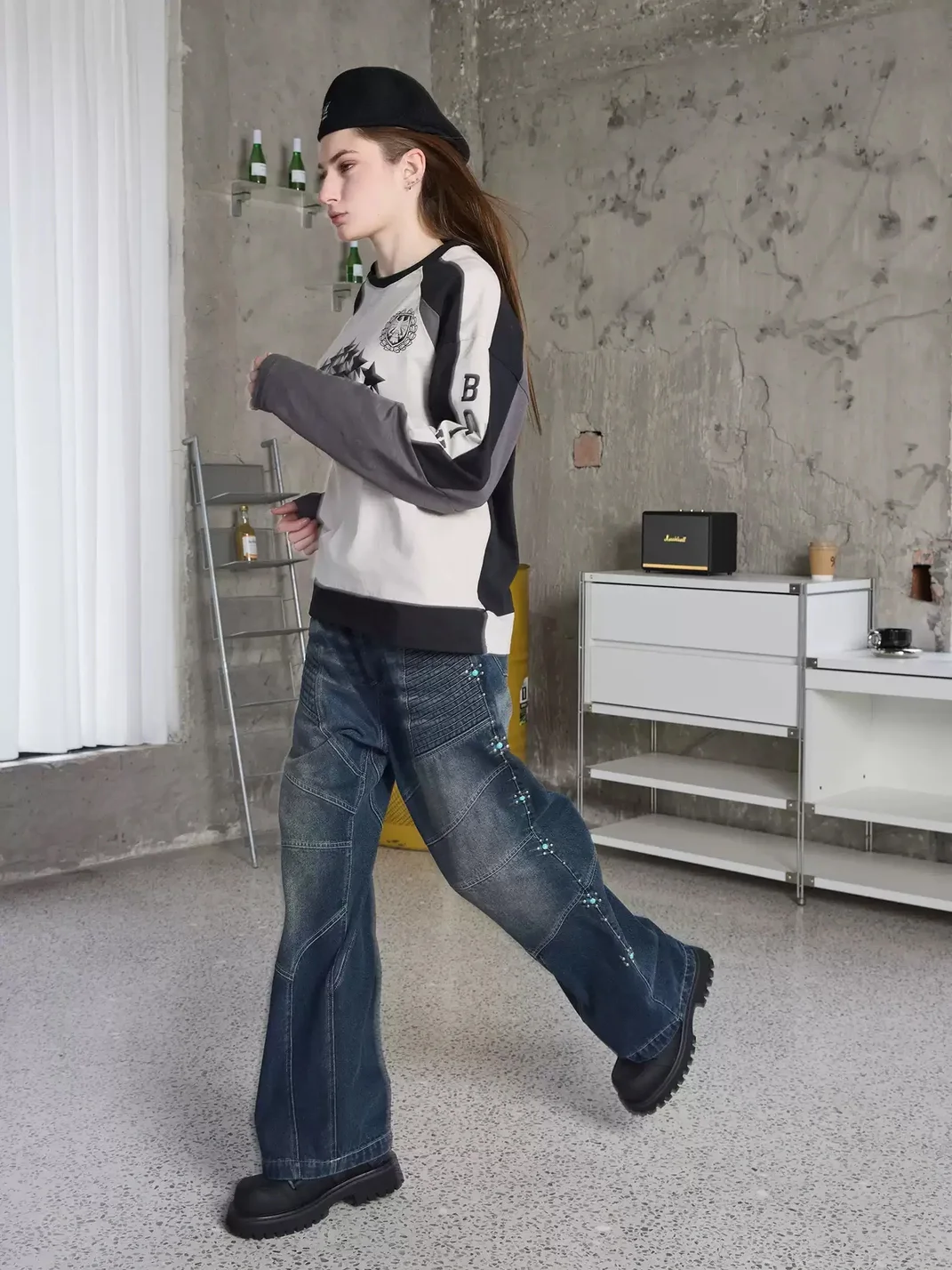 ERROR CODE robot | Turquoise Studded Loose Straight Leg Jeans