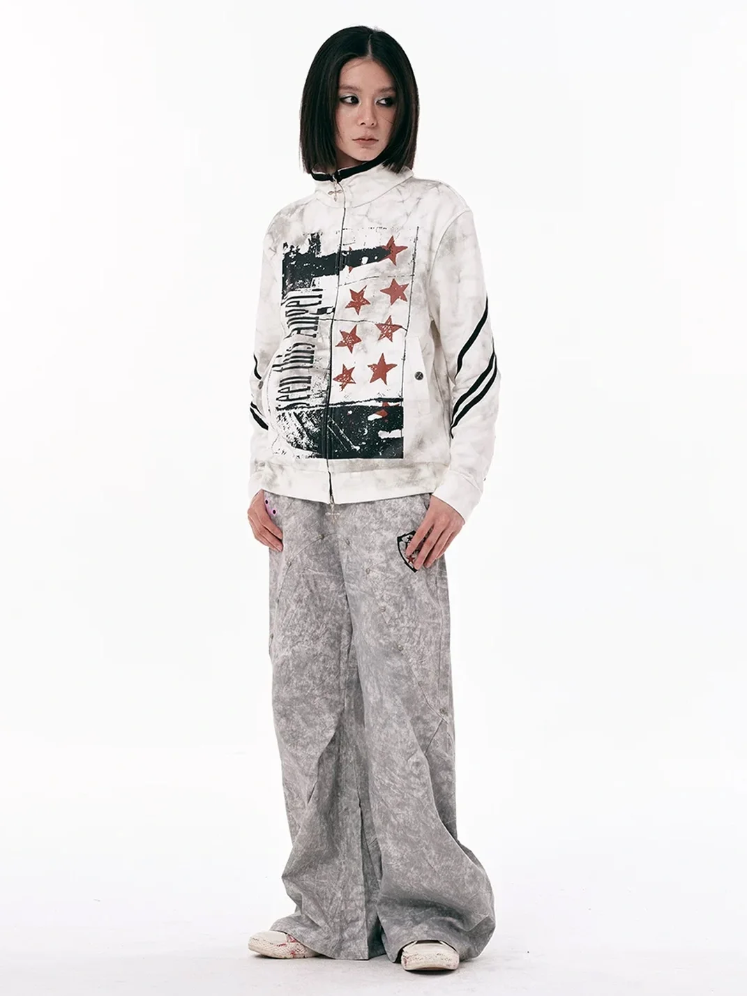PasET | Distressed Stand Collar Cropped Sports Jacket