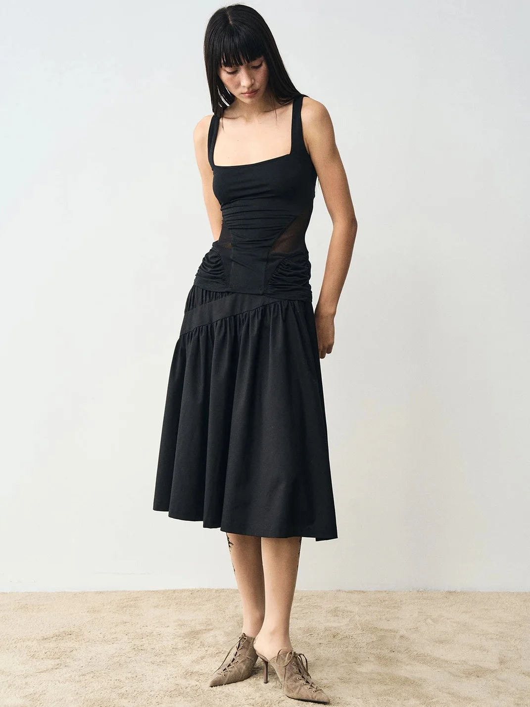 Popoop | Ruched Mesh Panel Backless Sleeveless Top