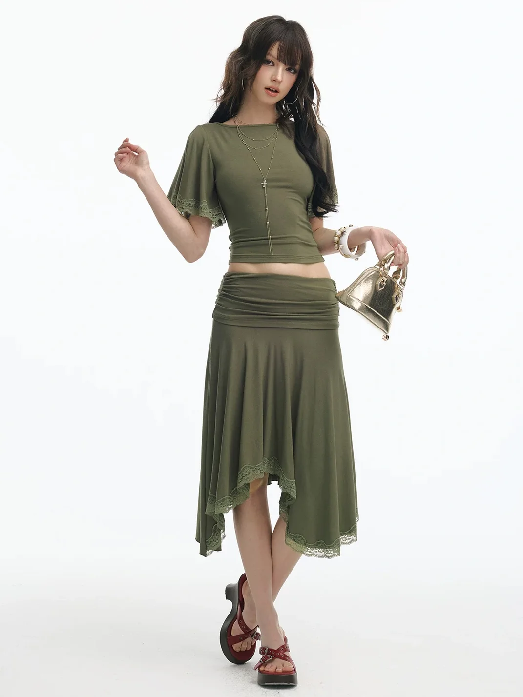 SereneEase | Slim Lace Trim Top Asymmetric Skirt Set