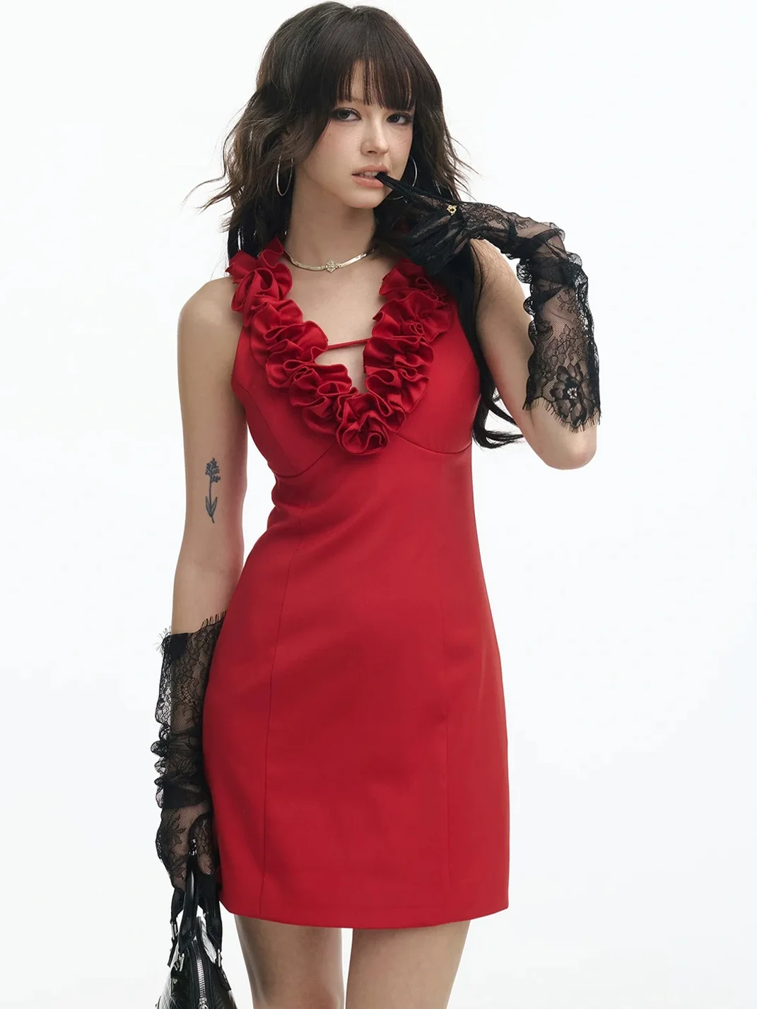 SereneEase | Rose Ruffle V-Neck Sleeveless Mini Dress