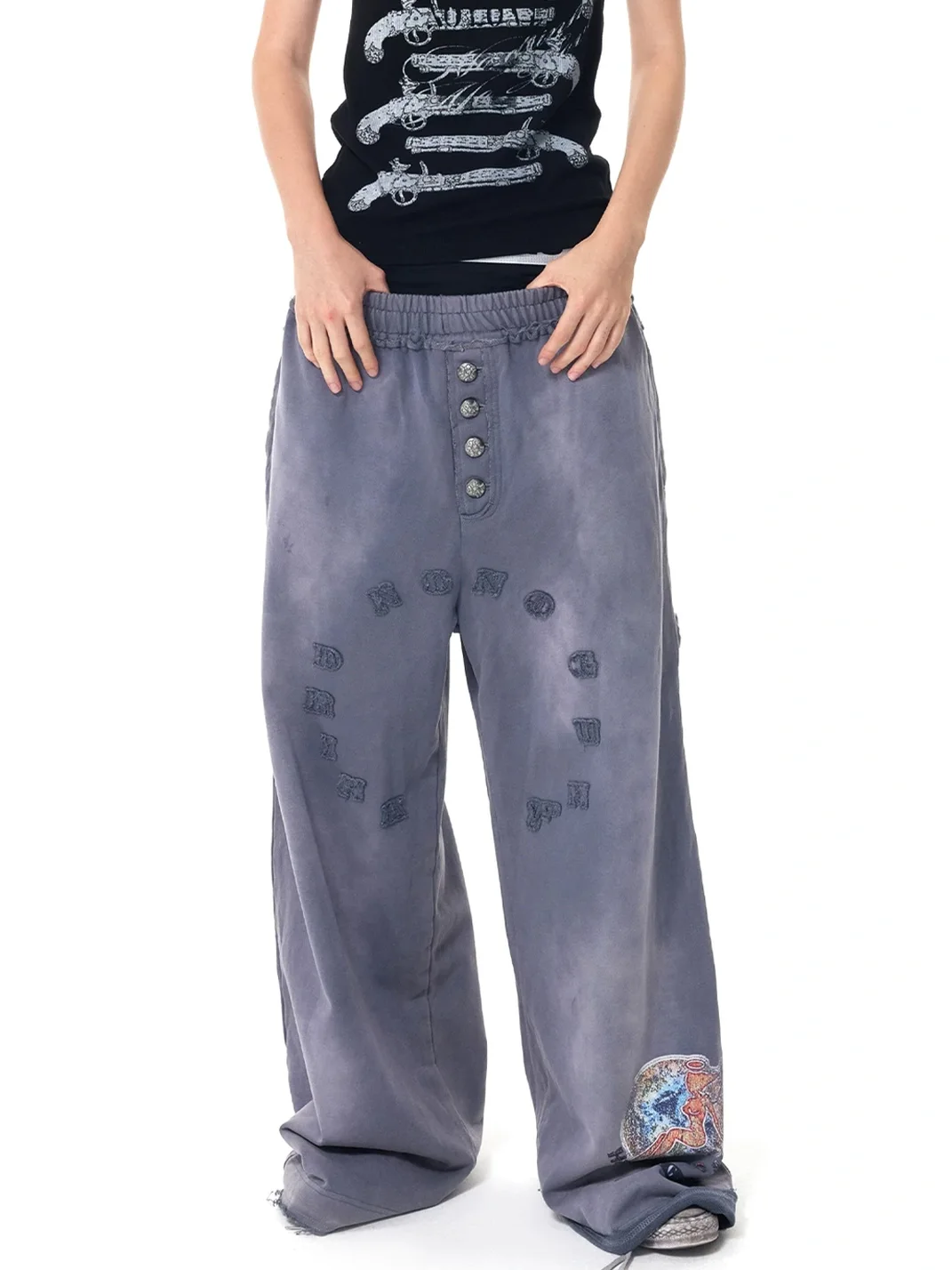 HAS2SONS | Washed Patch Embroidered Wide-Leg Sweatpants