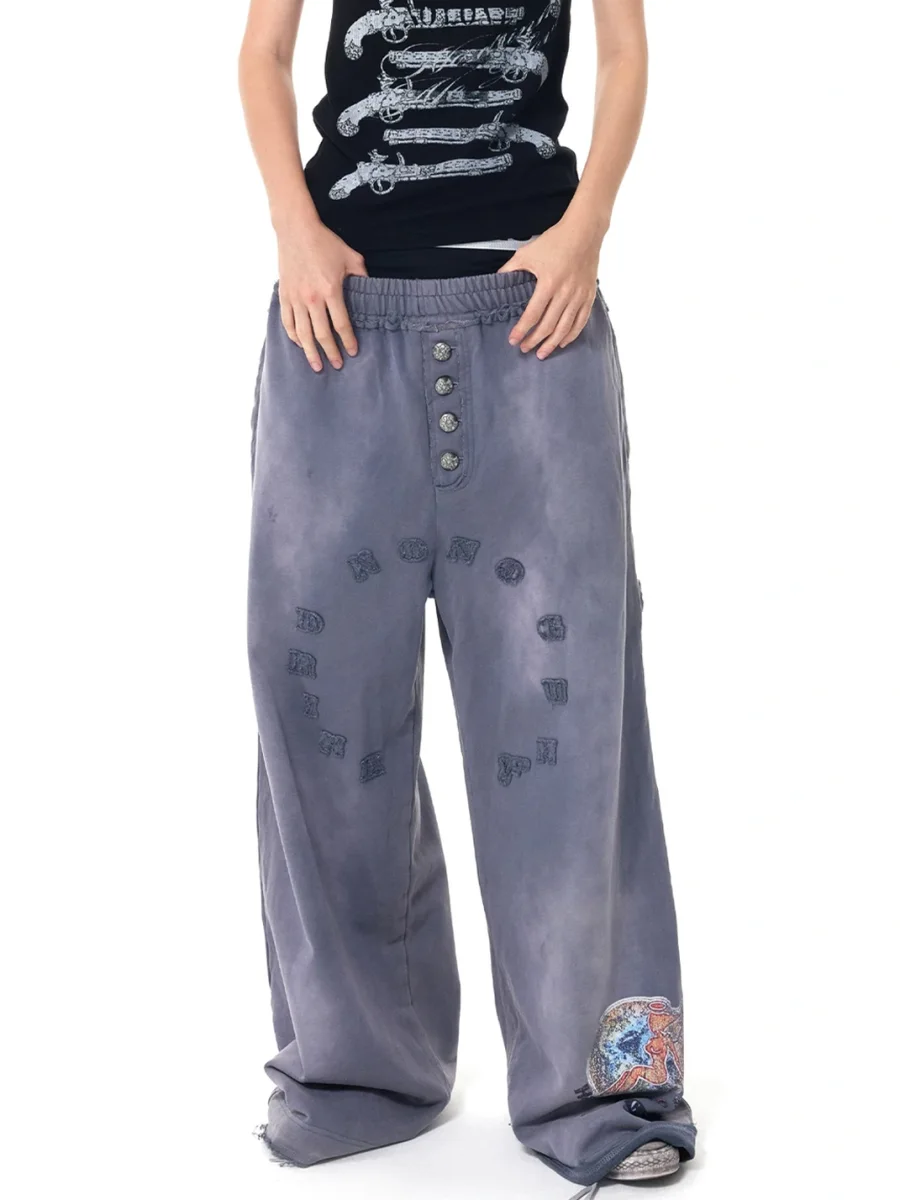 HAS2SONS | Washed Patch Embroidered Wide-Leg Sweatpants - 2