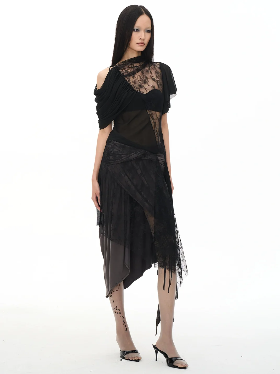 Popoop | Asymmetric Lace Mesh Ruched Dress