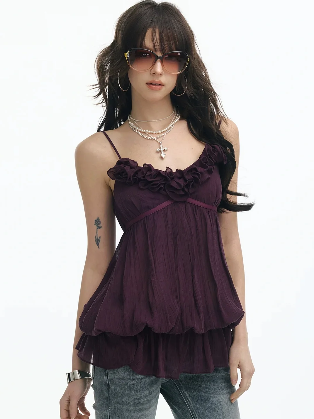 SereneEase | Vintage Rose Ruffle Camisole Tank Top