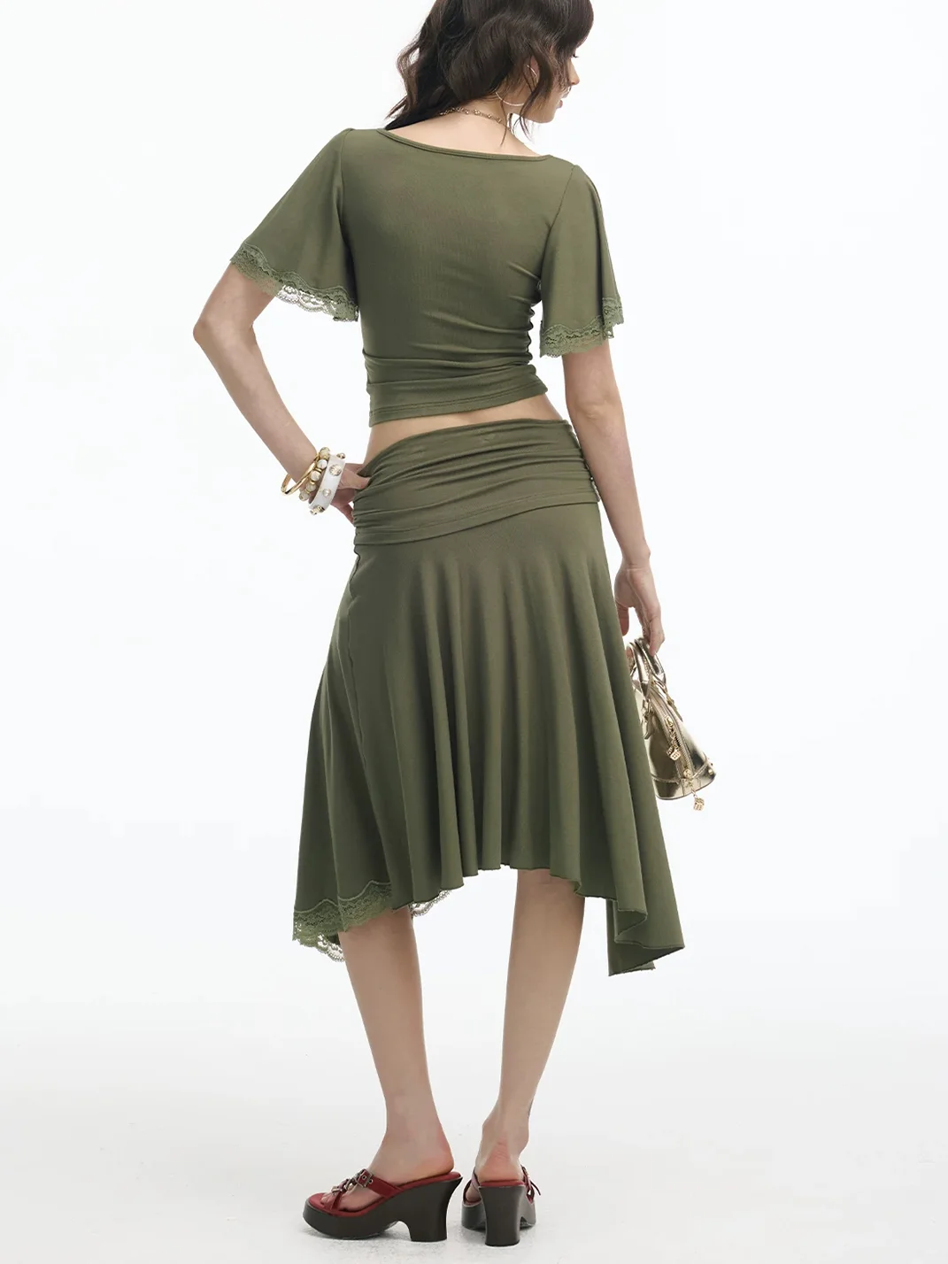 SereneEase | Slim Lace Trim Top Asymmetric Skirt Set