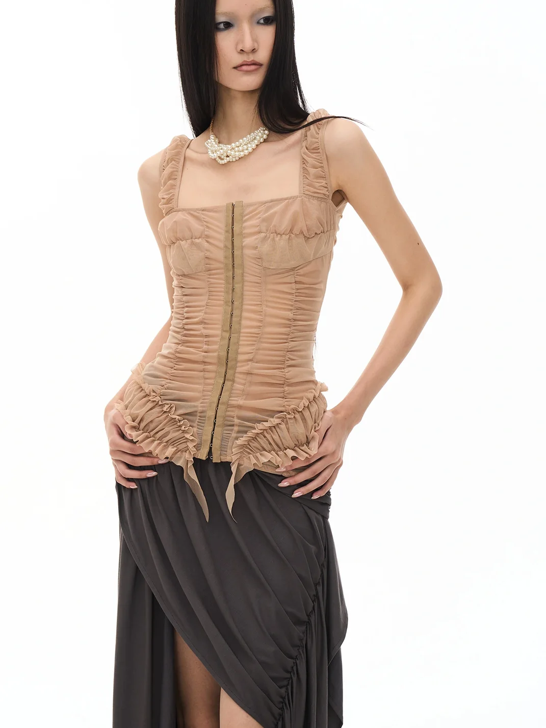 Popoop | Khaki Sheer Ruched One-Shoulder Tank Top