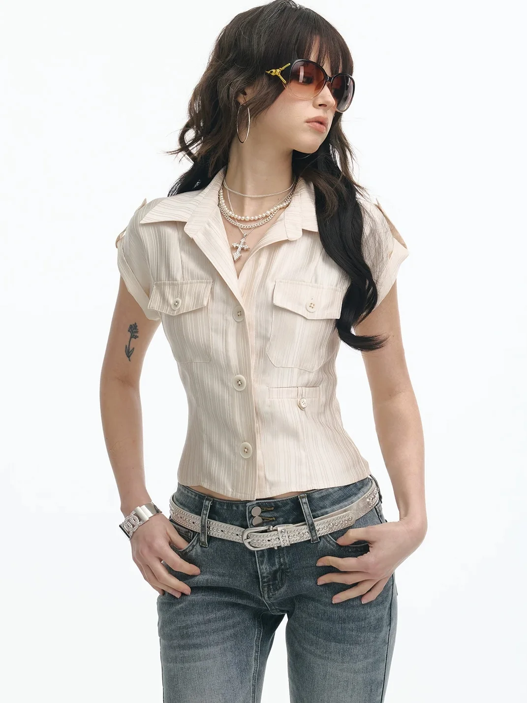 SereneEase | Cropped Satin Striped Pocket Shirt