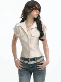 SereneEase | Cropped Satin Striped Pocket Shirt