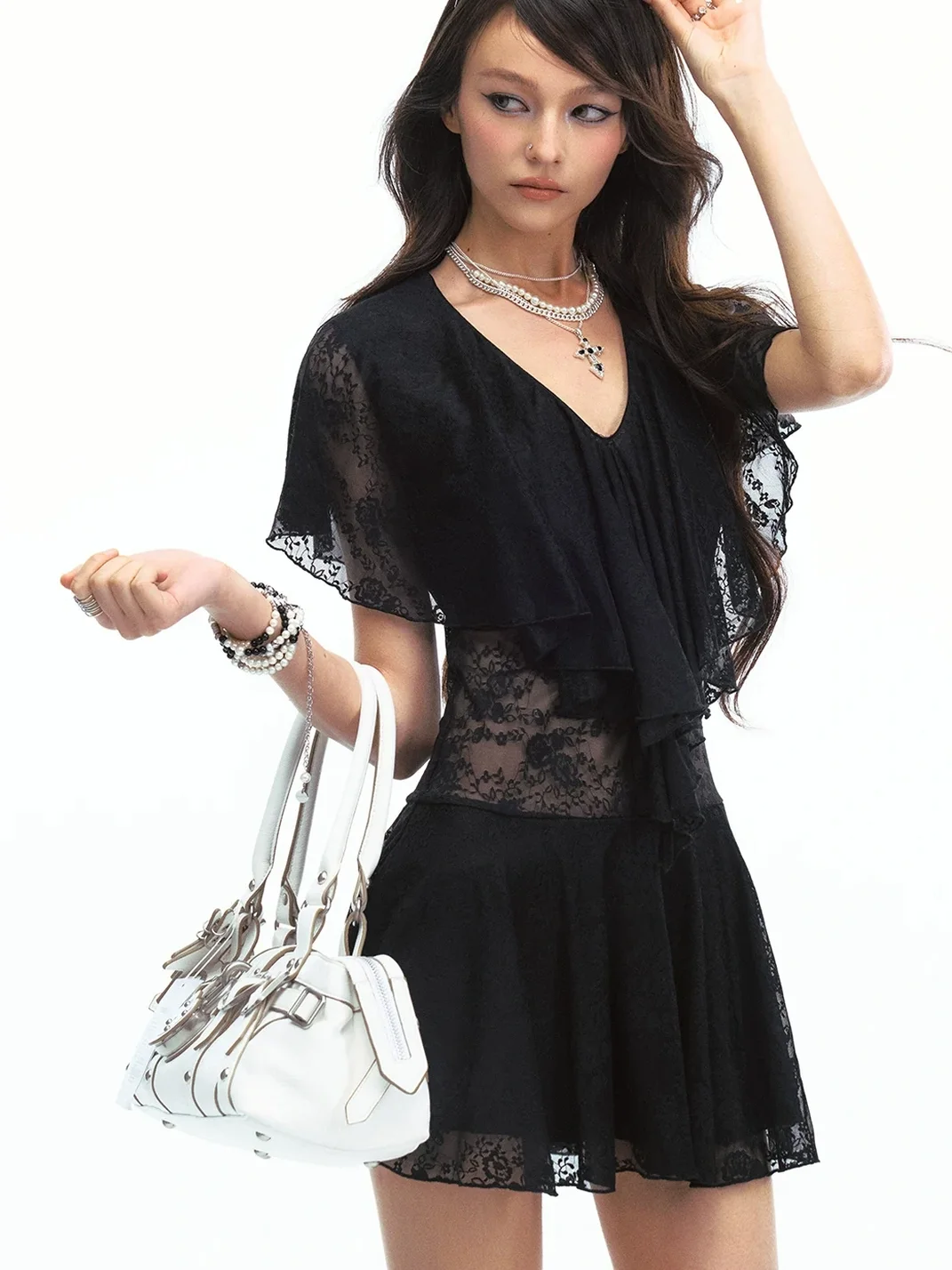 SereneEase | Sheer Lace Deep V-Neck Fitted Mini Dress