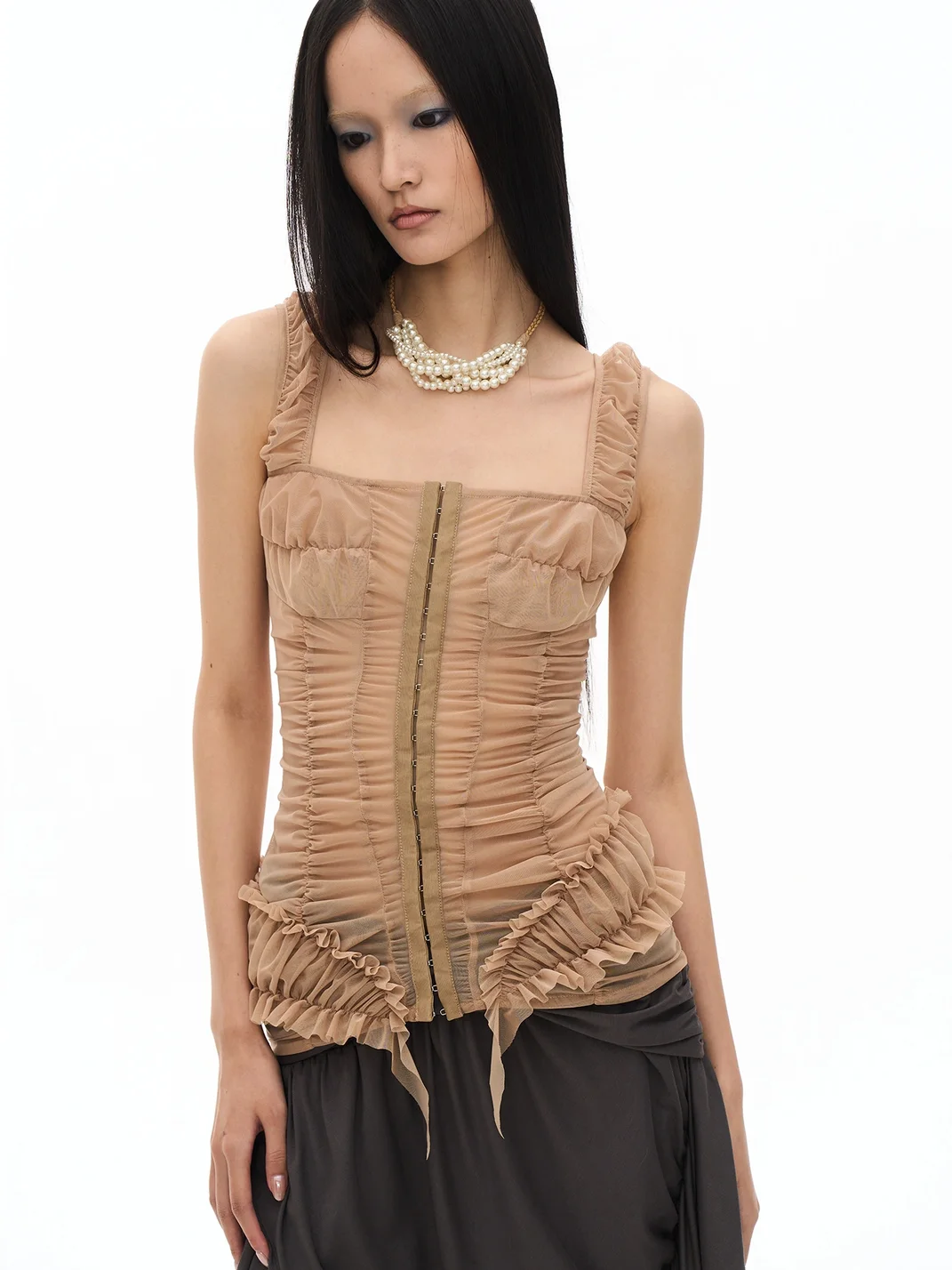 Popoop | Khaki Sheer Ruched One-Shoulder Tank Top