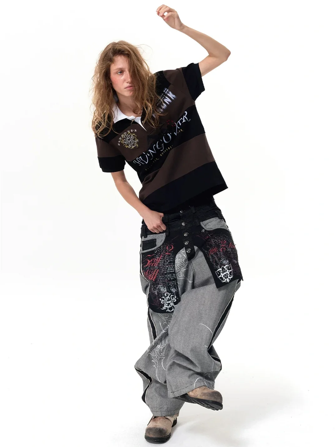 HAS2SONS | Double Waist Wide Leg Printed Selvedge Jeans