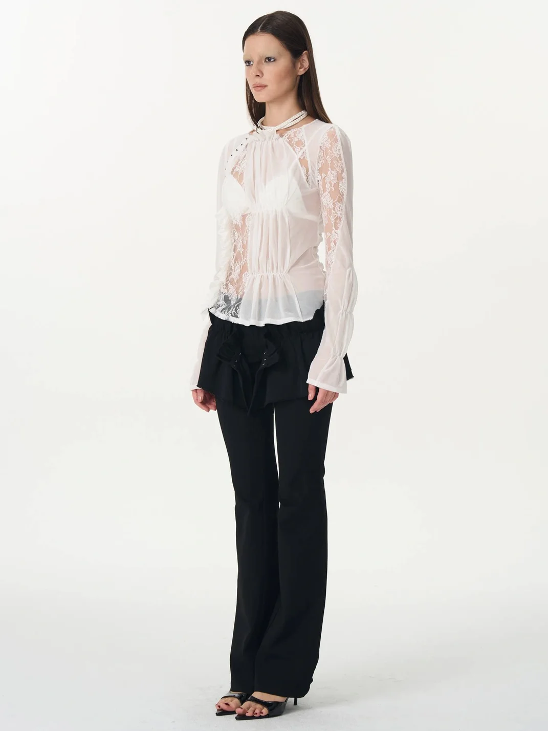 Popoop | Lace Mesh Ruched Hook Top