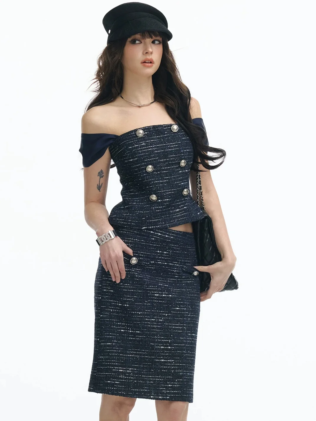 SereneEase | Off-Shoulder Double-Breasted Tweed Skirt Set