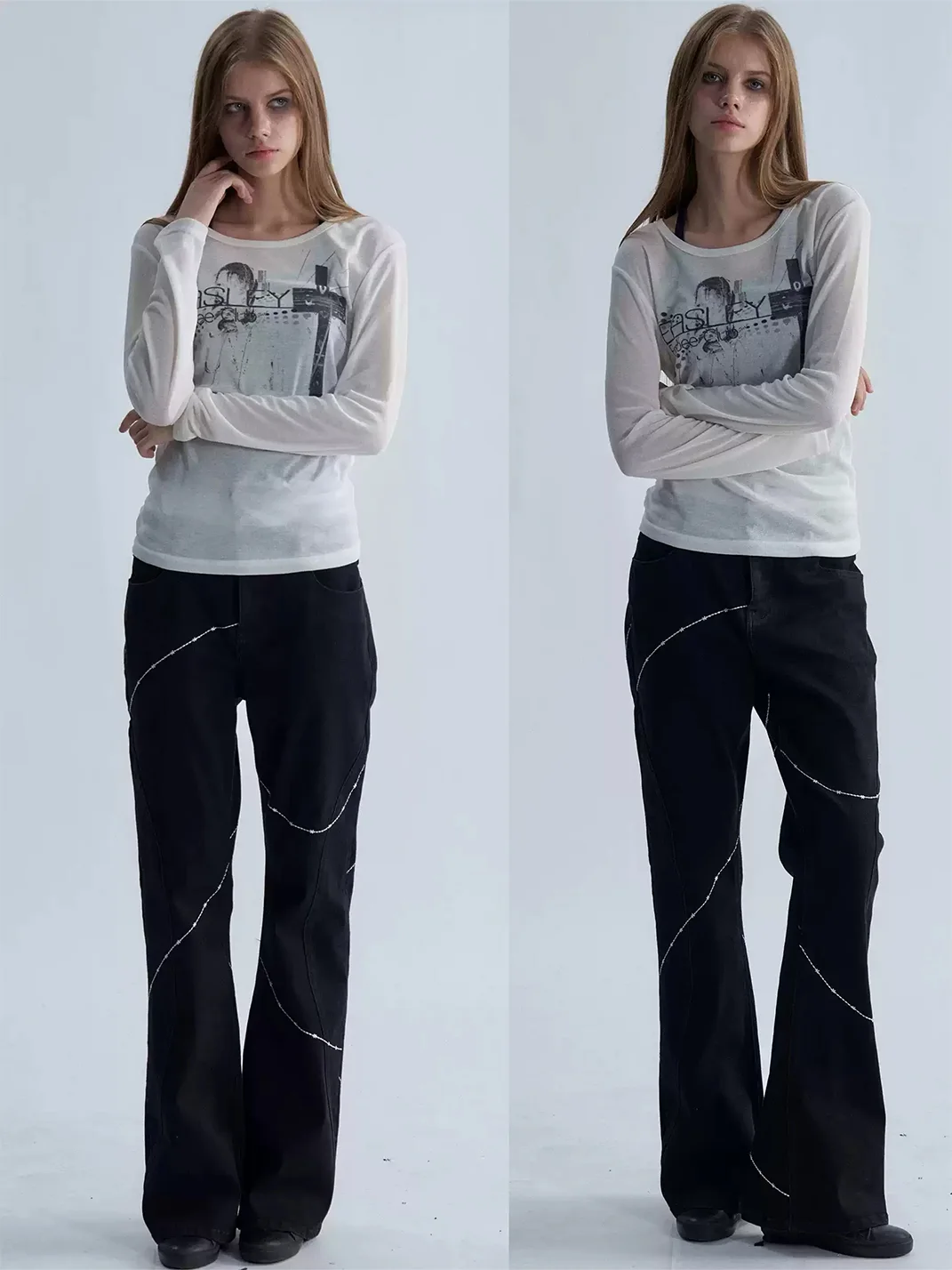 PAIKI | Double Waist Cross Stitch Flared Jeans