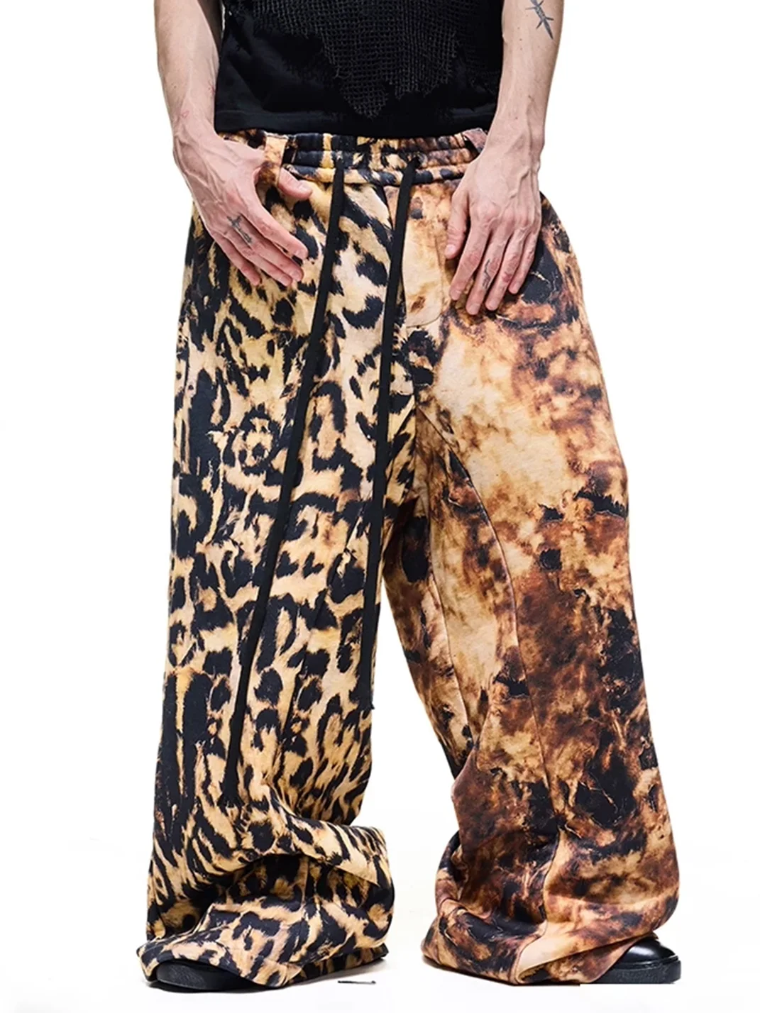 DARKRTPTS | Distressed Leopard Print Drawstring Wide Leg Sweatpants