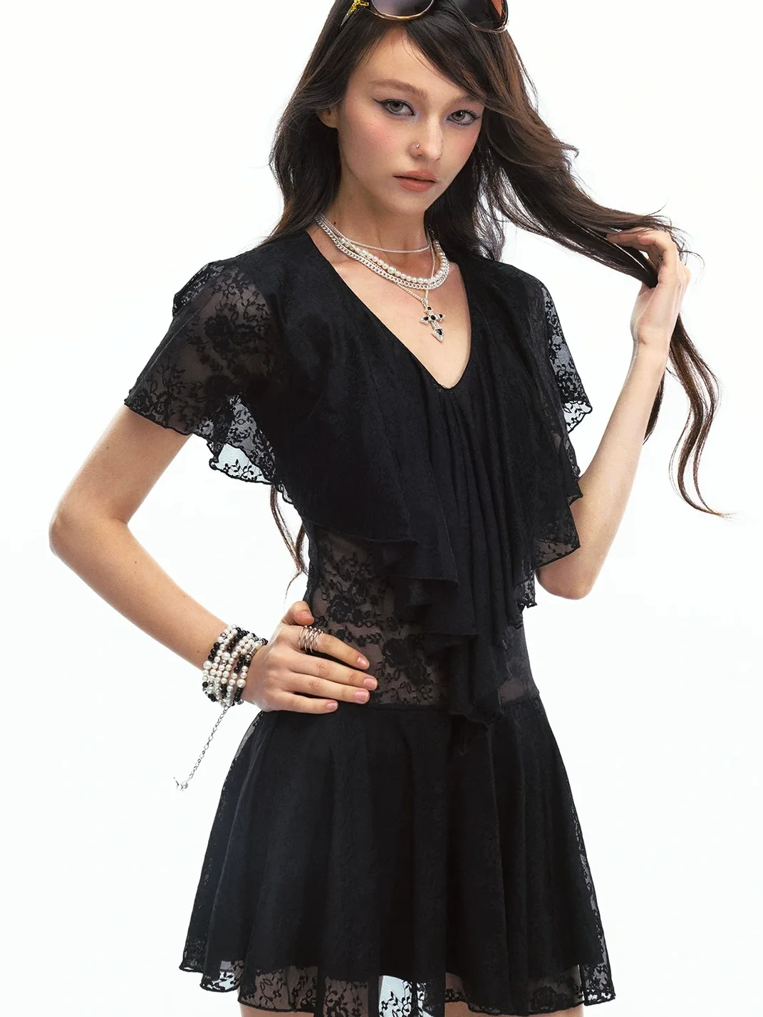 SereneEase | Sheer Lace Deep V-Neck Fitted Mini Dress