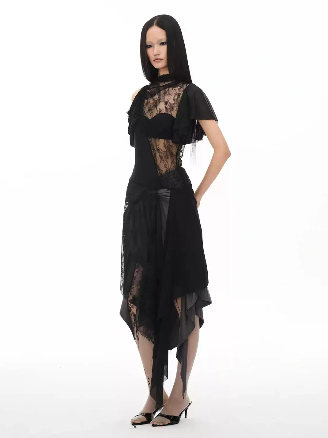 Popoop | Asymmetric Lace Mesh Ruched Dress
