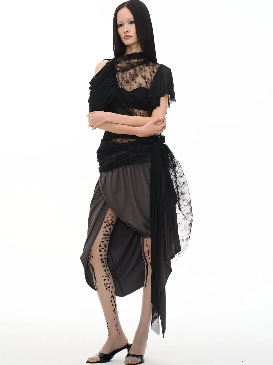 Popoop | Asymmetric Lace Mesh Ruched Dress