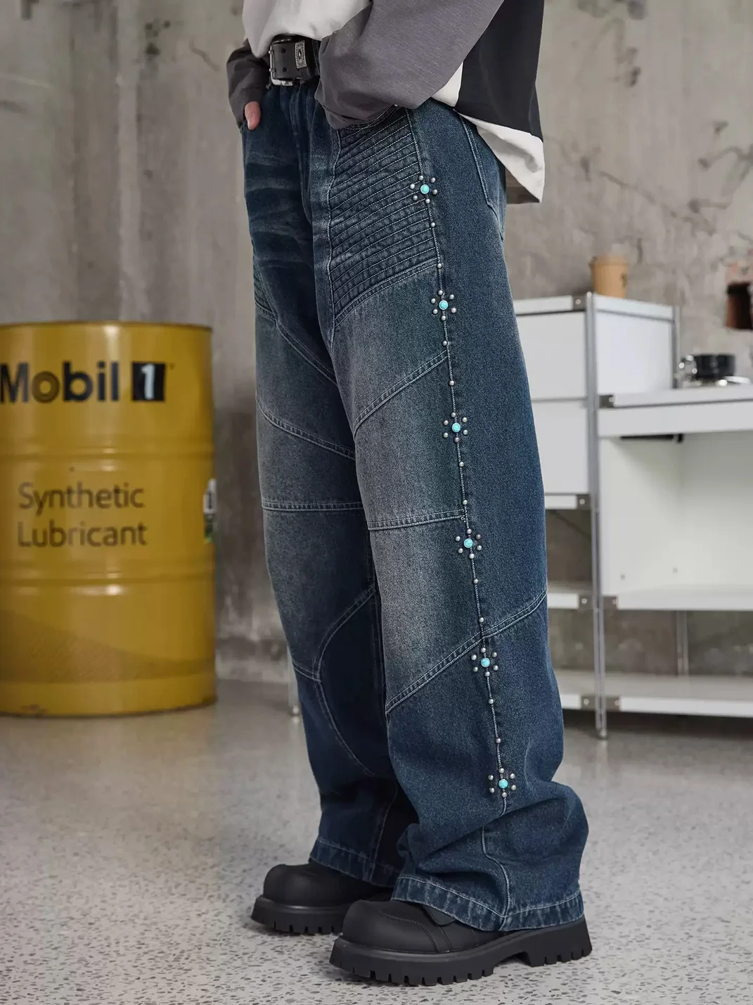 ERROR CODE robot | Turquoise Studded Loose Straight Leg Jeans