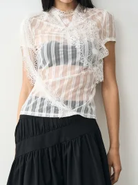 Popoop | White Lace Mesh Fitted Short-Sleeve Top
