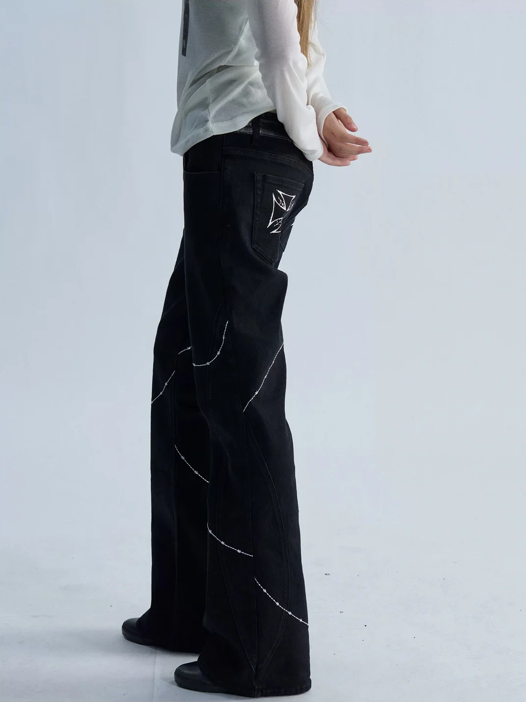 PAIKI | Double Waist Cross Stitch Flared Jeans