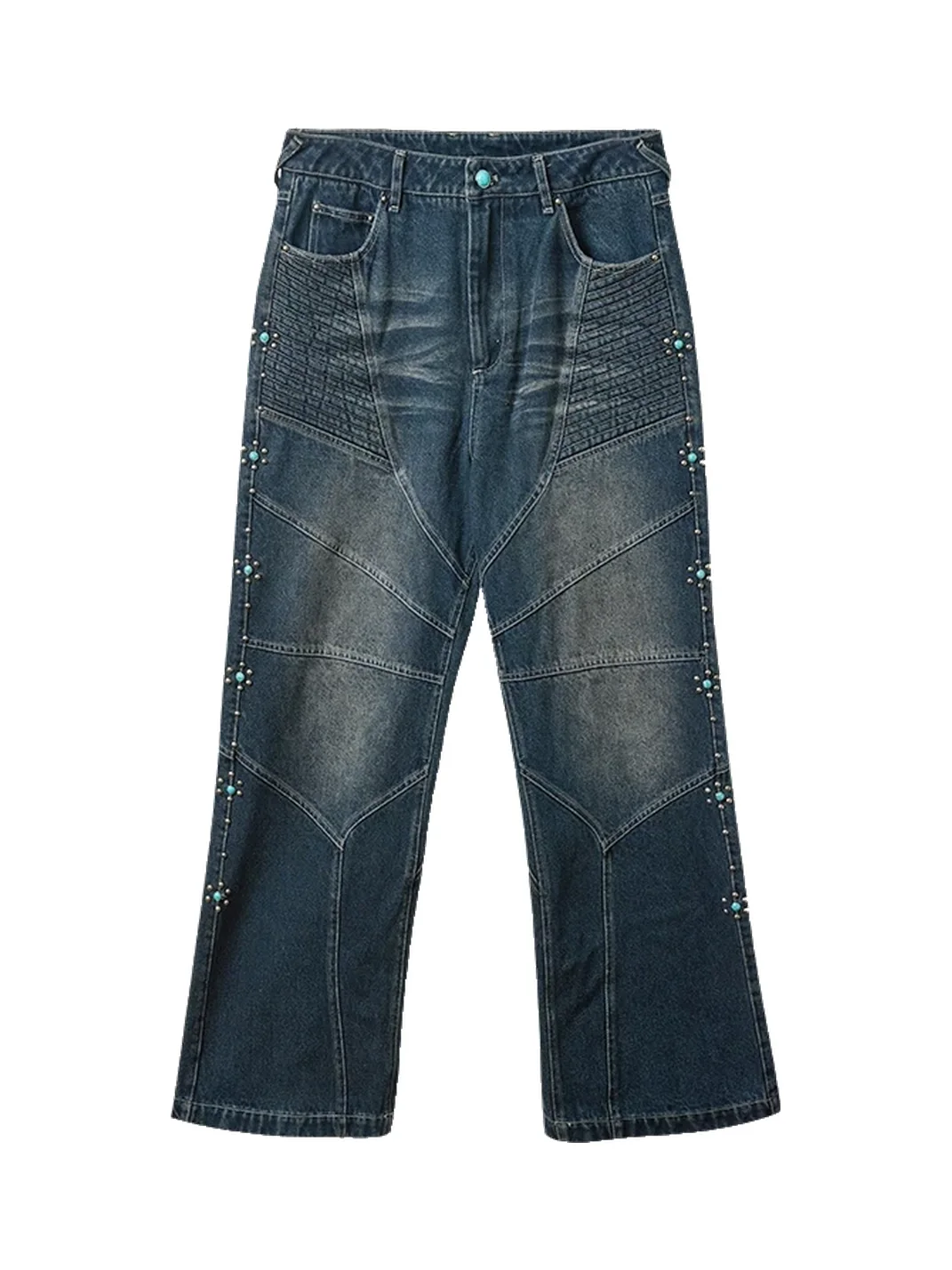 ERROR CODE robot | Turquoise Studded Loose Straight Leg Jeans