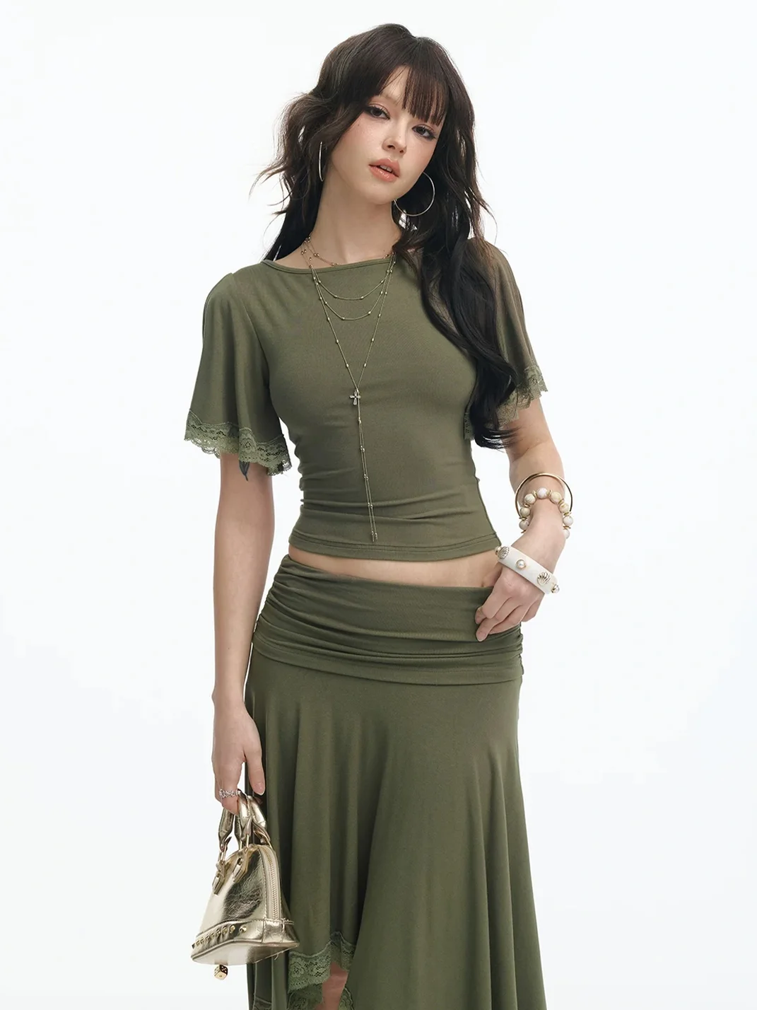 SereneEase | Slim Lace Trim Top Asymmetric Skirt Set