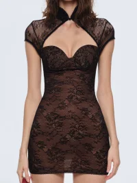 BUM STUDIO | Floral Lace Cutout Bodycon Mini Qipao Dress