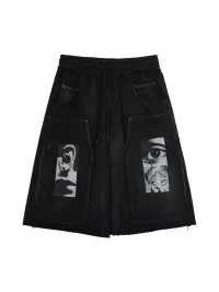 ERROR CODE robot | Studded Washed Graphic Loose Shorts