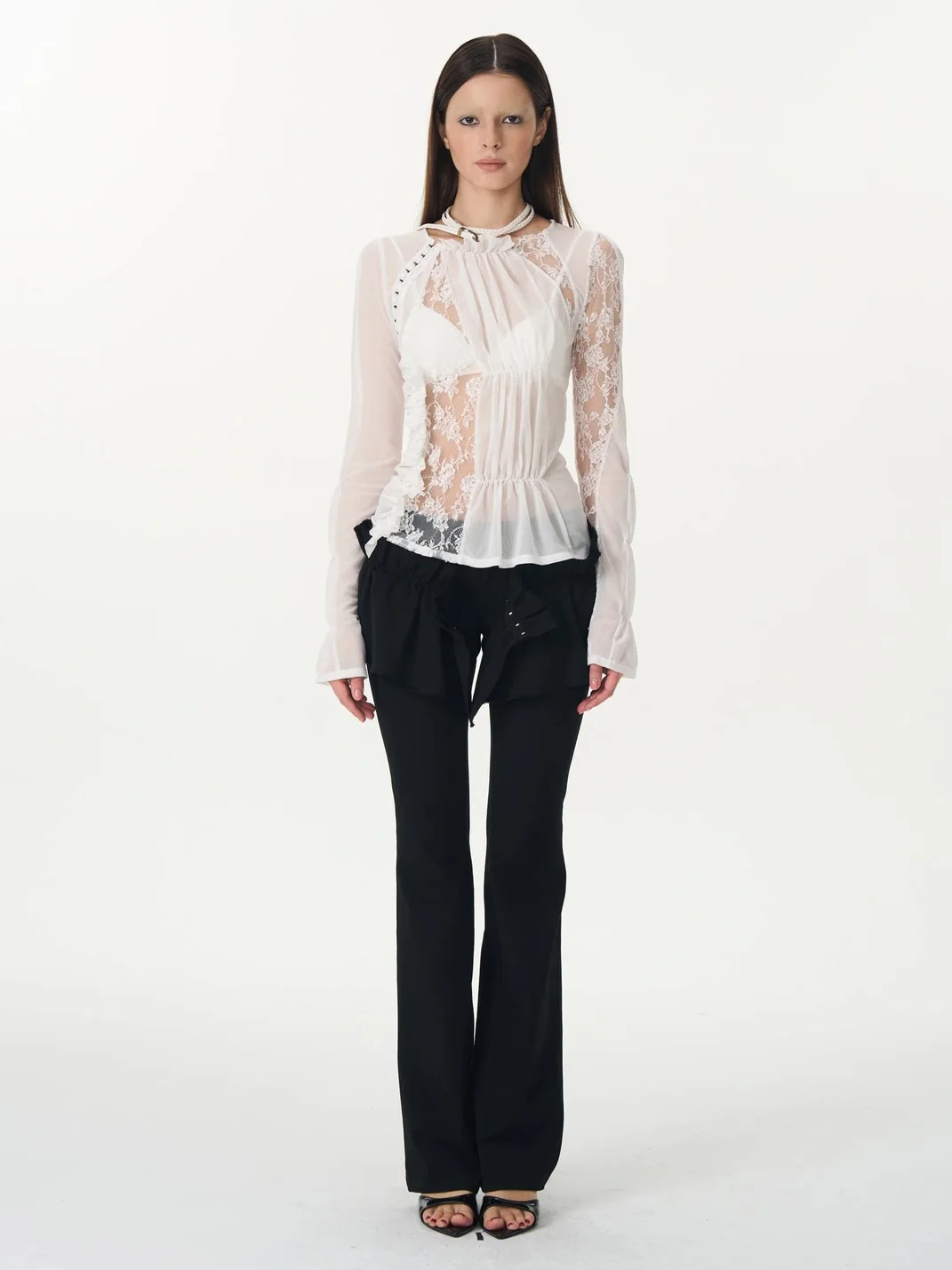 Popoop | Lace Mesh Ruched Hook Top