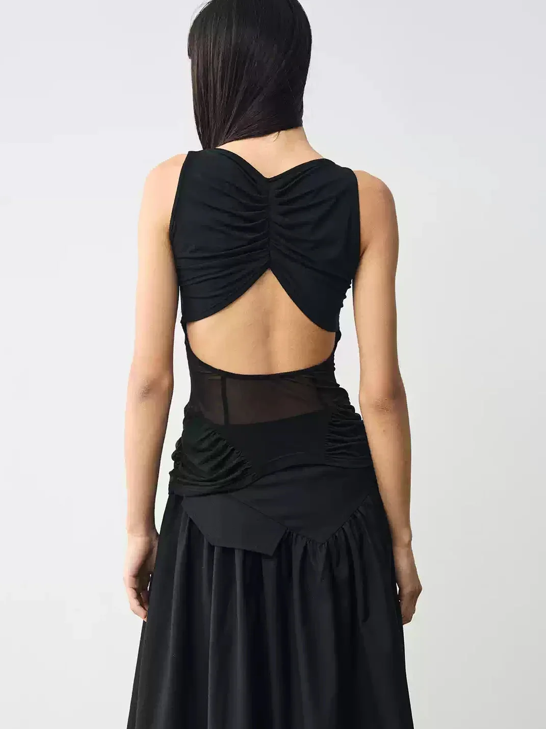 Popoop | Ruched Mesh Panel Backless Sleeveless Top