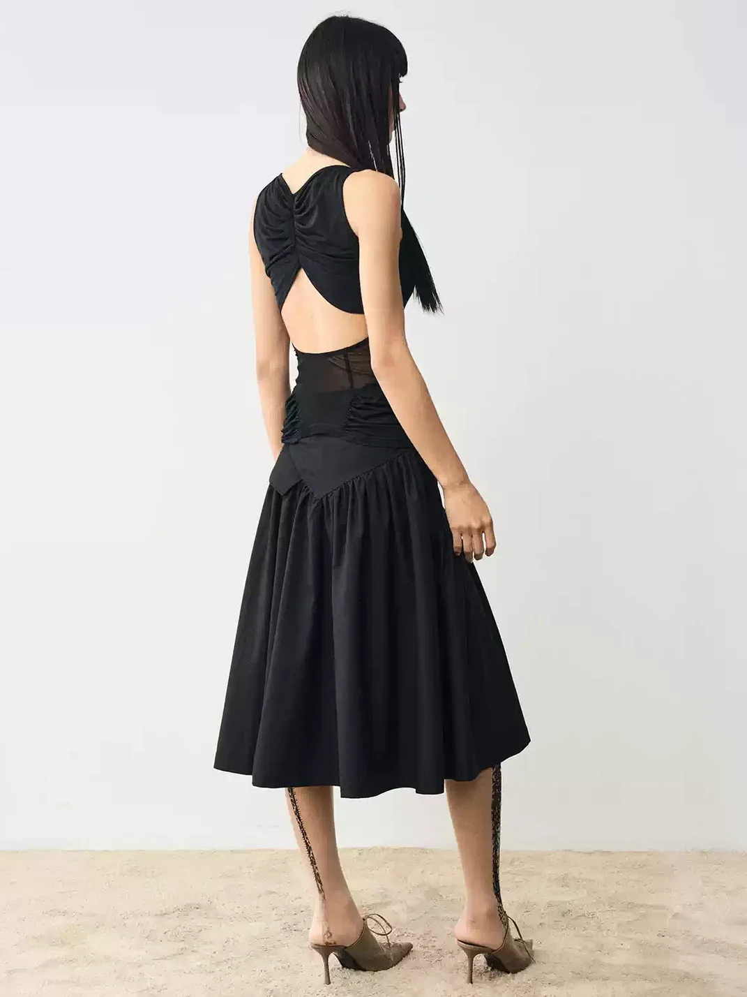 Popoop | Ruched Mesh Panel Backless Sleeveless Top