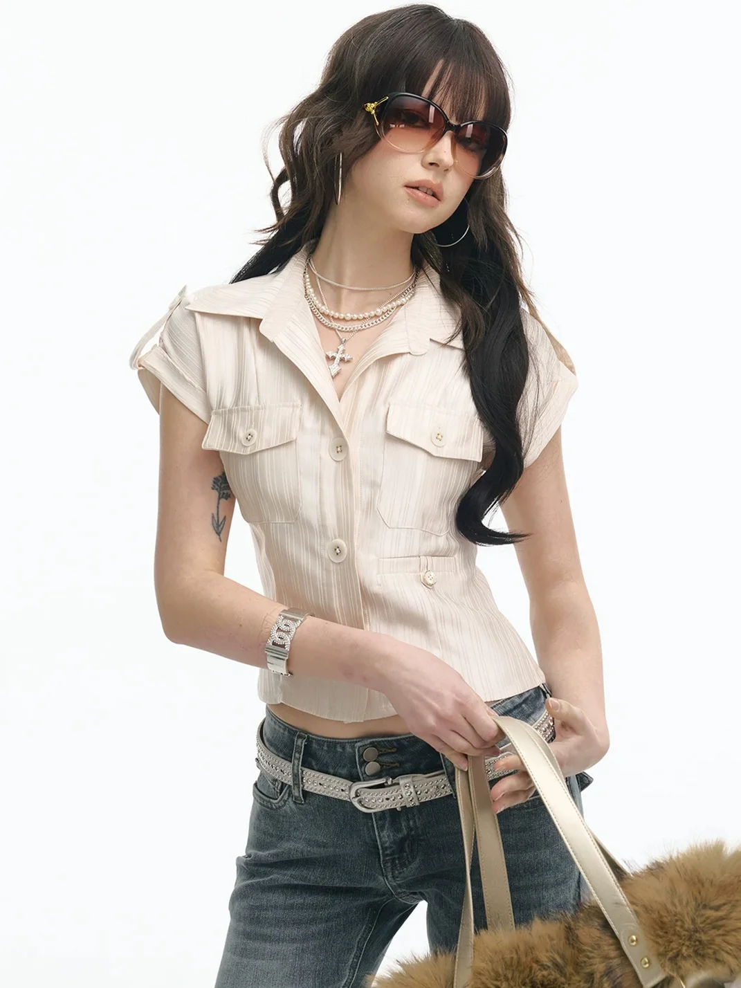 SereneEase | Cropped Satin Striped Pocket Shirt