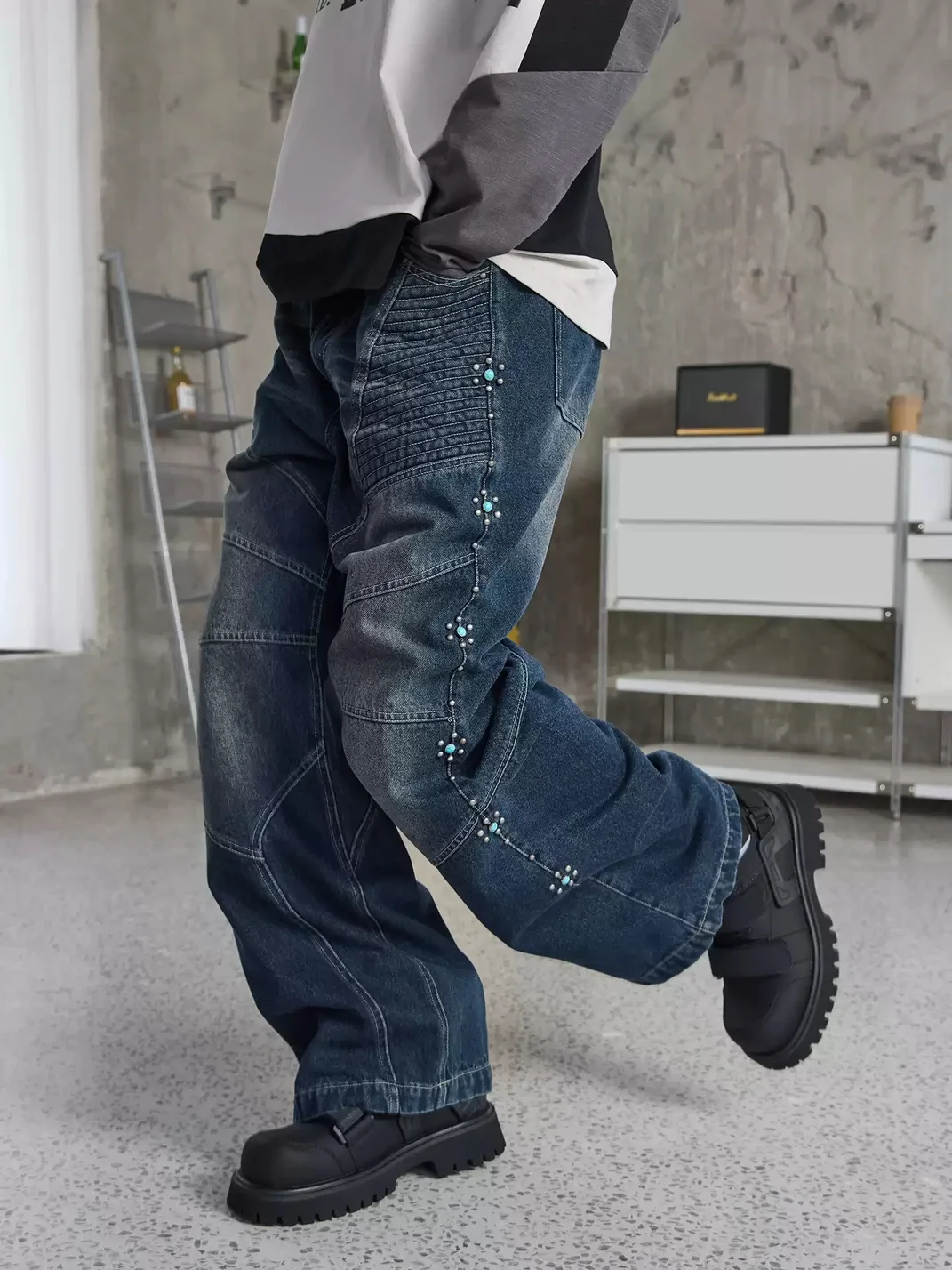 ERROR CODE robot | Turquoise Studded Loose Straight Leg Jeans