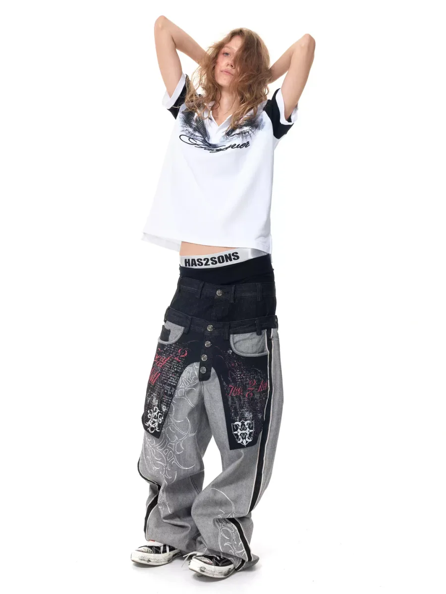 HAS2SONS | Double Waist Wide Leg Printed Selvedge Jeans - 3