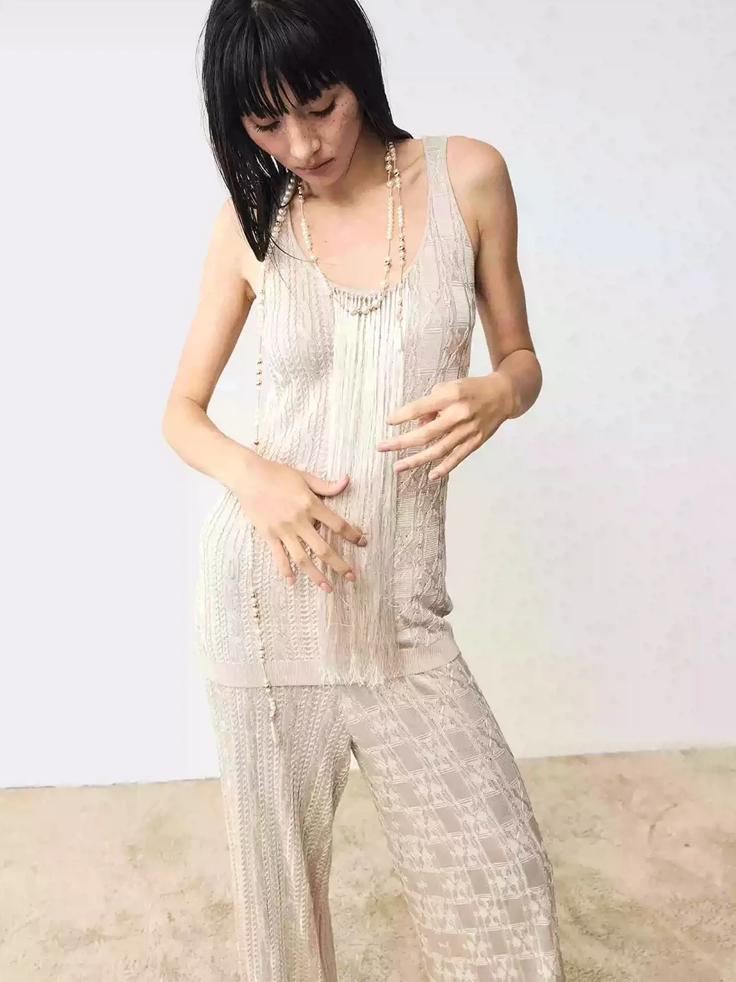 Popoop | Fringe Cable Knit Tank Wide-Leg Pants Set