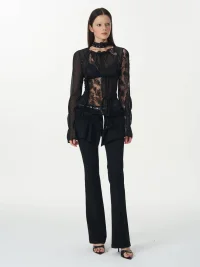 Popoop | Black Ruched Lace Mesh Long Sleeve Top