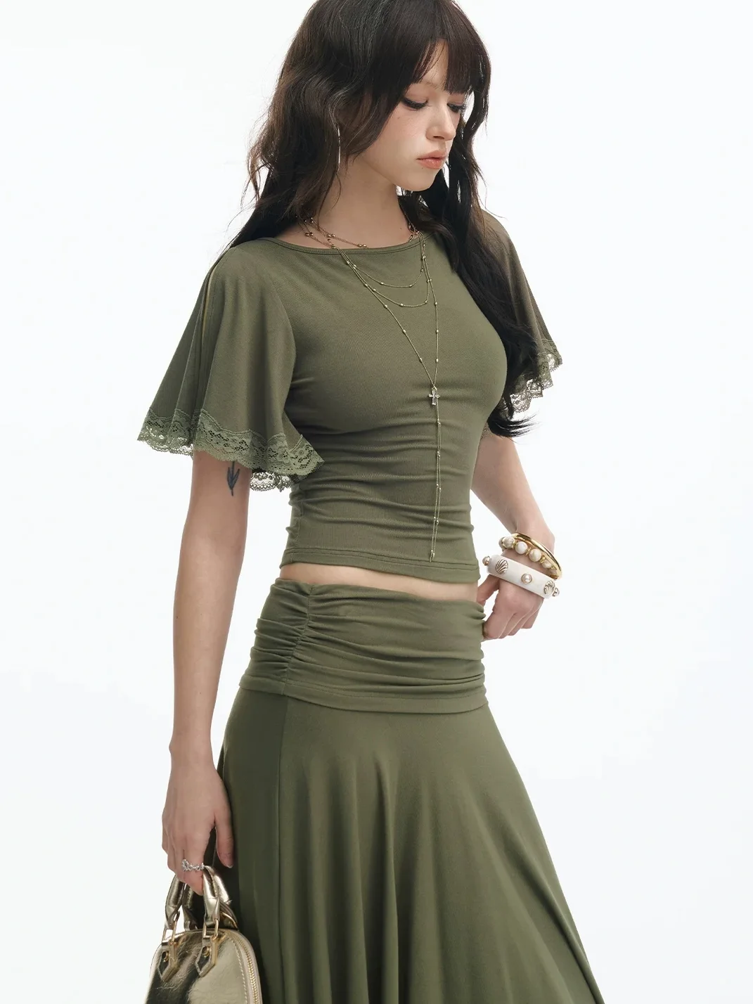 SereneEase | Slim Lace Trim Top Asymmetric Skirt Set