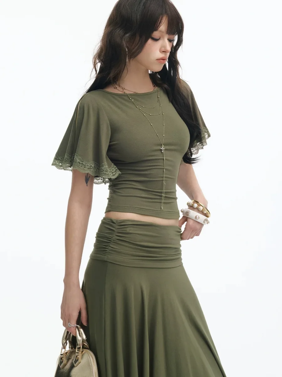 SereneEase | Slim Lace Trim Top Asymmetric Skirt Set - 2
